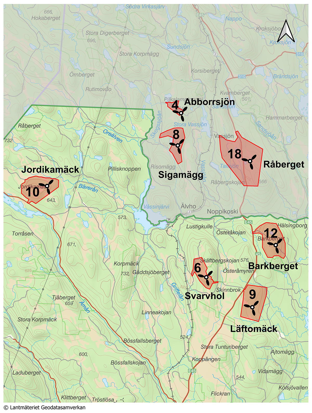 Kartbild över områdena kring Noppikoski och Jordikamäck där Dalavind har ansökt till Länsstyrelsen om att få bygga totalt 37 vindkraftverk i Orsa kommun.